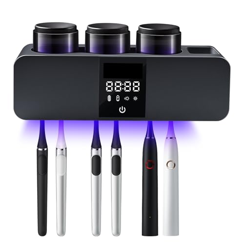 LXIANGN 3 in 1 Toothbrush Cleaner Holders for Bathrooms,Wall Mounted Toothbrush Holders with Drying and Cleaning,Smart LED Screen,6 Toothbrush Slots,3 Cups and Toothpaste Dispenser (Deep Grey) - color: Deep Grey