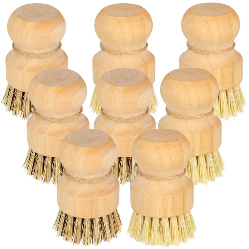 8 Packs Bamboo Dish Scrub Brushes Natural Palm Wooden Scrubbers Set Kitchen Dishwashing Scrubber with Natural Sisal Bristles for Iron Pot Pan Sink (Round)