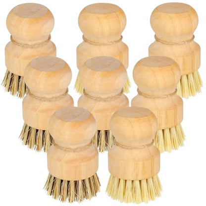 8 Packs Bamboo Dish Scrub Brushes Natural Palm Wooden Scrubbers Set Kitchen Dishwashing Scrubber with Natural Sisal Bristles for Iron Pot Pan Sink (Round)