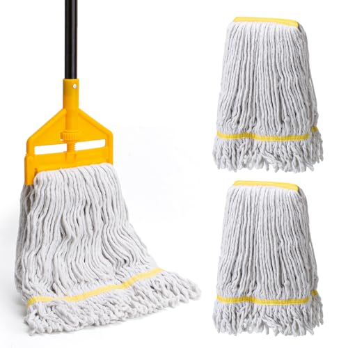 KeFanta Commercial Mop with 3 Extra Large Replacement Heads, 59Inch Handle Heavy Duty Industrial Mops Looped-End String Wet Cotton Mop for Home,Kitchen,Office,Garage,Workshop, Warehouse Floor Cleaning