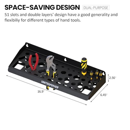 UNITEDPOWER Wall Mount Tool Storage Rack, Screwdriver Holder, Pliers Organizer, Wrench Utility Shelf, 51 Holes for Variety of Small Hand Tools, Workshop, Shed, Garage, Home - style: Hand Tools Holder