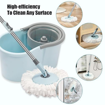 Spin Mop and Bucket with Wringer Set, 360° Spinning Mop Bucket System with 3 Microfiber Mop Replacement Heads, Adjustable Handle for Floor Cleaning (Light Blue) - color: Light Blue
