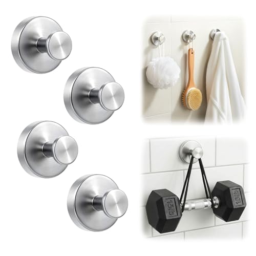 Upgraded Suction Cup Hooks for Shower, Heavy Duty Removable Towel Hooks for Bathroom Glass Door Wall, Stainless Steel Shower Hooks for Towel & Loofah (4 Pack, Silver) - color: Silver, size: 4 Pack