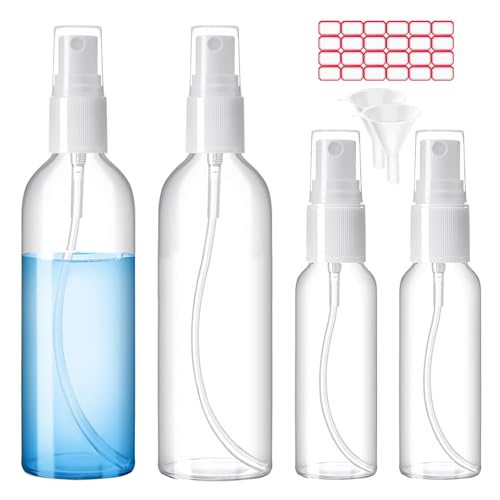 Zoizocp Spray Bottles, 2oz/50ml, 3.4oz/100ml Clear Empty Fine Mist Plastic Mini Travel Bottle Set, Small Refillable Liquid Containers with 2pcs Funnels and 24pcs Labels (4 Pack) - color: 4pcs-Clear（BPA+TSA）-2oz+3.4oz