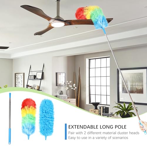 Rainbow Extendable Static Duster Reusable Microfiber Duster with 100" Telescoping Pole, Beandable and Washable Dusters Head for Cleaning Ceiling, Fan, Furniture - size: 32-100inch-3pcs