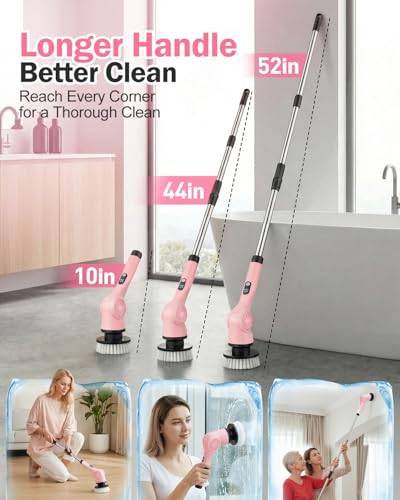 Electric Spin Scrubber, 3-Speed Cordless Shower Scrubber with 90° Adjustable & 10 Replaceable Brush Heads, 90 Mins Runtime & Full-Body IPX7 Waterproof Shower Cleaner Brush with Long Handle