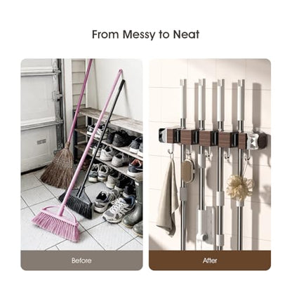 Suction Cup No Drilling Broom Holder Wall Mount, Walnut Color Mop Organizer Wall Hanging, 4 Racks 5 Hooks Tool Organizer Hanger Self Adhesive for Home, Garage, Garden, Laundry, Kitchen