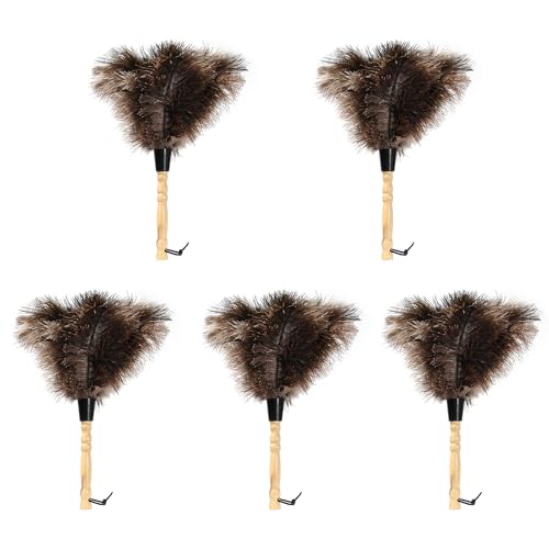 Ostrich Feather Duster 14 inch Fluffy Natural Genuine Ostrich Feathers with Wooden Handle and Eco-Friendly Reusable Handheld Ostrich Feather Duster for Cleaning Supplies(5PCS) - color: Model-14“-brown-5 Pieces