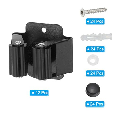 PATIKIL Broom and Mop Holder, 12 Pack Wall Mounted Stainless Steel Mop Hanger Heavy Garden Tool Organizer Rack Hanging Clips with Screws for Home Garage, All Black - color: All Black