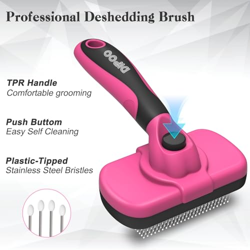Dipoo Self-Cleaning Pet Grooming Brush - Skin-Friendly Deshedding Tool for Dogs & Cats in Pink, Removes Loose Hair and Tangles - color: Pink