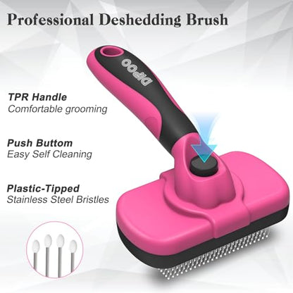 Dipoo Self-Cleaning Pet Grooming Brush - Skin-Friendly Deshedding Tool for Dogs & Cats in Pink, Removes Loose Hair and Tangles - color: Pink