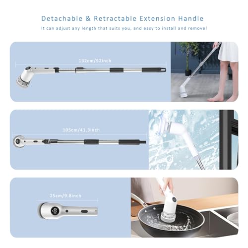 Electric Spin Scrubber, Cordless Cleaning Brush, Shower Scrubber with 9 Replaceable Brush Heads, 52 Inch Detachable Long Handle Power Scrubber 3 Adjustable Speeds Bathroom Floor Tile Window Kitchen