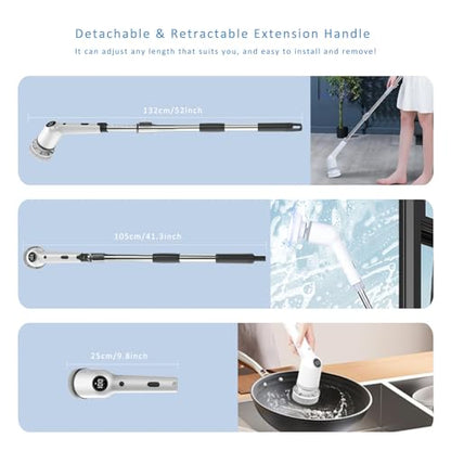 Electric Spin Scrubber, Cordless Cleaning Brush, Shower Scrubber with 9 Replaceable Brush Heads, 52 Inch Detachable Long Handle Power Scrubber 3 Adjustable Speeds Bathroom Floor Tile Window Kitchen
