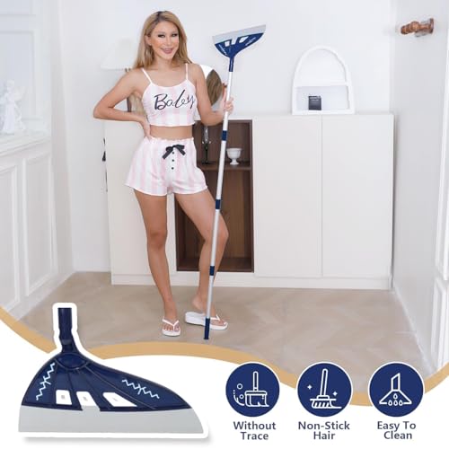Magic Air Broom Household Silicone Broom, Multifunction Squeegee with 2 Heads - Brush and Scrape, Magic Broom Sweeper with Extra-Long Adjustable Aluminum Handle for Floor, Glass, Tile (Blue)