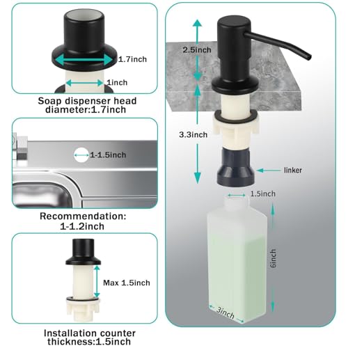 Built in Soap Dispenser for Kitchen Sink, Matte Black Stainless Steel Countertop Pump Head (Plastic Built-in), Dish Soap Hand Lotion Dispenser with Refillable 17OZ Bottle (Matte Black) - color: Matte Black