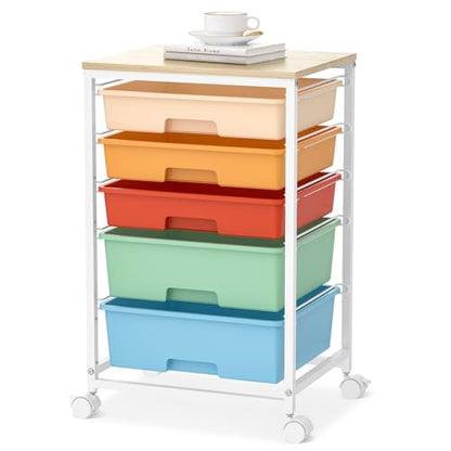 SYKIARIOL Utility Cart with 5 Drawers,Storage Cart with Wooden Tabletop and Lockable Wheels,Craft Storage Trolley Organizer,5-Tier Rolling Utility on Wheels,Macaron - color: Macaron