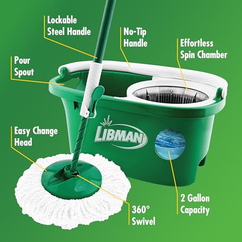 Libman Tornado Spin Mop System and 1 Refill, Mop and Bucket with Wringer Set for Hardwood Floor Cleaning, 2 Total Heads Included - style: Spin Mop Plus 1 Refill