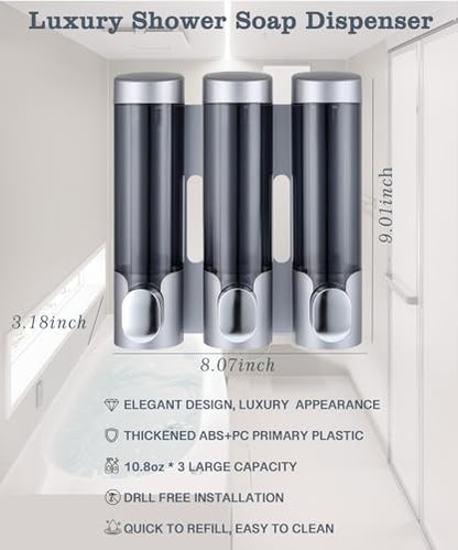 RANKADO Luxury Shower Soap Dispenser 3 Chamber No Drill,Soap Shampoo Conditioner Dispenser Bathroom Wall Mounted with Labels Hotel RV,Silver - color: 320ml X 3（silver）