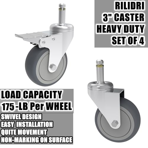RILIDRI 3-Inch Swivel Stem Caster, 7/16-Inch Stem Diameter Rubber Wheel, Heavy Duty TPR Replacement Wheels for Rubbermaid Mop Bucket Cart Grill Casters - 4 Pack (2 Brakes 2 Swivel) - style: 3 Inch-175LB (2 Double Brakes)
