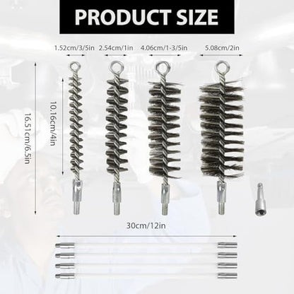 50 Inch Pipe Cleaning Brush Set with Stainless Steel Bristles, Wire Brush with 4 Flexible Rods and Hexagonal Connecting Rod, Stainless Steel Pipe Brush Set (3/5, 1, 1 3/5, 2 in Brush Heads)