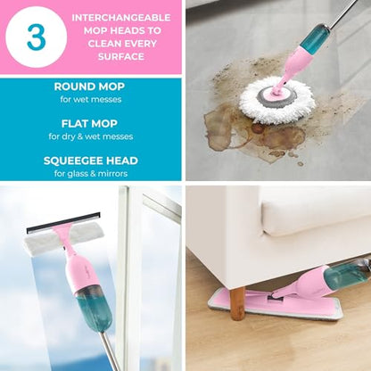 True & Tidy® Clean Everywhere Spray Mop Kit with 3 Interchangeable Heads & Refillable Tank - Flat, Round, Squeegee (Pink) - color: Pink