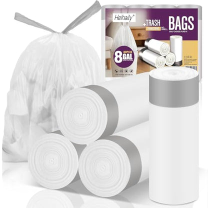 8-Gallon Garbage Bags Medium Drawstring-Trash-Bag - 80 Counts Strong Heavy Duty Unscented Contractor Recyclable Plastic Liner for Restroom Waste Basket Clear White, 4 Rolls heihaily - style: 8Gal white 80 Counts