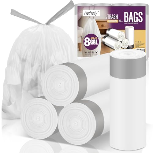 8-Gallon Garbage Bags Medium Drawstring-Trash-Bag - 80 Counts Strong Heavy Duty Unscented Contractor Recyclable Plastic Liner for Restroom Waste Basket Clear White, 4 Rolls heihaily - style: 8Gal white 80 Counts