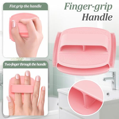Silicone Back & Face Scrubber & Bath Glove Set 3PCS, 13.4'' Gentle Back Scrubber with Dual-Side Head, 360° Anti-Slip Bath Glove, Unique Side-bristled Face Scrubber for All-Round Cleaning(Pink) - color: Pink*3