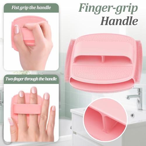 Silicone Back/Body/Face Scrubber & Lymphatic Contour Face Brush Set 4PCS, 13.4'' Soft Back Scrubber, 360° Anti-Slip Bath Glove, Unique Side-bristled Face Scrubber for All-Round Cleaning(Pink) - color: Pink*4