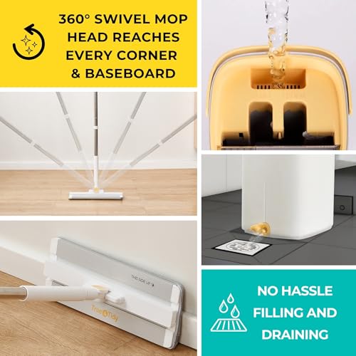 True & Tidy® TrueClean Mop & Bucket Spin Mop Pump System, Patent Pending 3 Compartments Separate Clean & Dirty Water, Hands-Free Self-Wringing Aluminum Head, Machine Washable Pads, in Gift Box