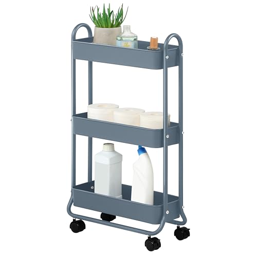 SunnyPoint Slim Rolling Storage Cart, 3 Tier Bathroom Storage Organizer Bathroom, Laundry Utility Cart (Blue) - color: Blue