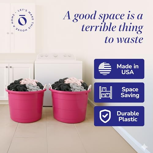 Homz 2 Pack of 17 Gallon Storage Buckets, Durable Plastic Containers, Sturdy Rope Handles, Large Tubs for Sports Equipment, Party Cooler, Gardening, Toys and Laundry, Pink - color: Pink