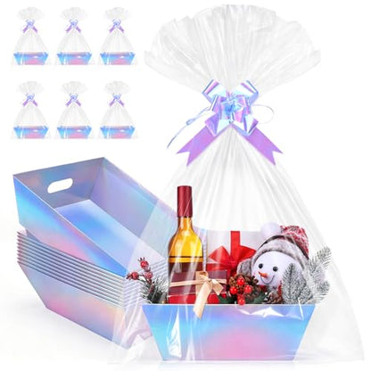 AFOROEOA 10 PACK Laser Gift Baskets for Gifts Empty, 12x10x4” Holographic Iridescent Gift Basket Kit with 10 Bows & 10 Bags - Large Empty Gift Baskets to Fill for Christmas, Weddings, Birthdays, Holiday Gifting Hampers - color: 10 Laser