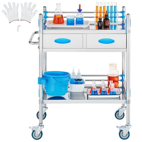 VEVOR Stainless Steel Utility Cart, 2 Layers with Two Lockable Wheels, Ideal for Laboratory, Hospital, Dental Use - size: 2-tier shelves with 2 drawer