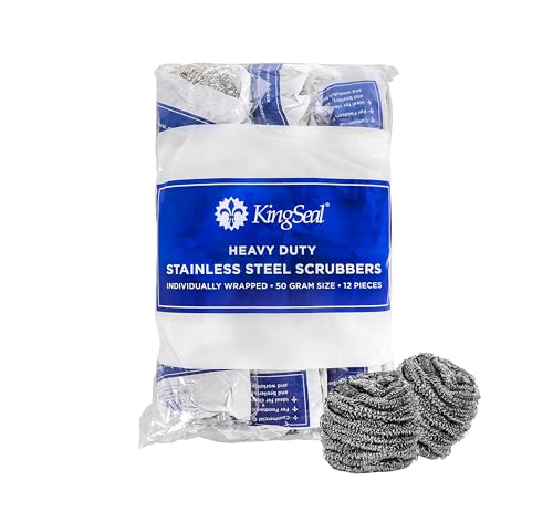 72 Count | KingSeal Stainless Steel Scrubbers, Scrub Pads, Heavy Duty, 50 gram Weight, Individually Wrapped - 6 Packs of 12 Scrubbers - size: 6 Pack/12 per Pack