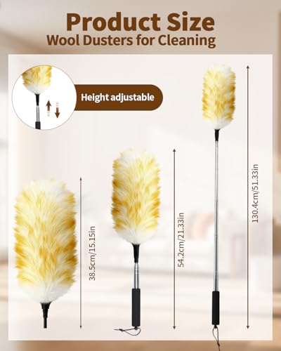 Extendable Wool Duster, 18-48 Inch Long Handle Duster with Natural Fluffy Wool Head, Dusters for Cleaning Ceiling Fans, Blinds, High Ceilings, Furniture, Washable & Reusable - color: Wool Color