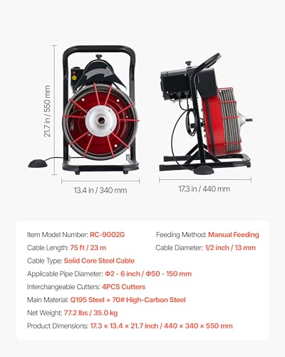 VEVOR Drain Cleaner Machine 75 FT x 1/2 Inch, Sewer Snake Auger Manual Feed with 4 Cutters & Air-activated Foot Switch for 2" to 6" Pipes - style: 75 FT x 1/2''