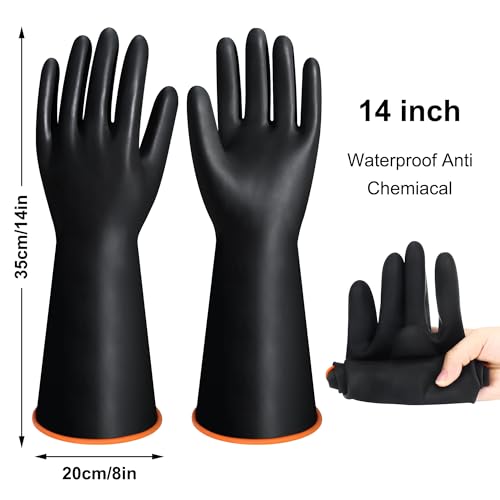 14" XL Size Latex Chemical Resistant Gloves, Reusable Heavy Duty Long Rubber Gloves Dishwashing Glove, Industrial Safety Gloves for Men, Forearm Protection Waterproof Resist Strong Acid, Alkali, Oil - size: 14 inch