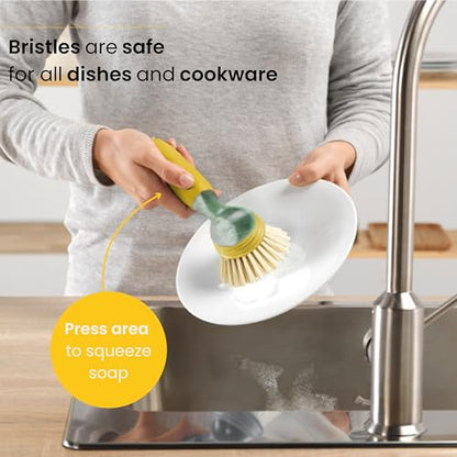 Vigar Rengo Dish Brush with Soap Dispenser - Dish Scrubber with Handle, Kitchen Scrub Brush for Dishes, Sink Cleaning Brush, Soap Dispensing Dish Wand with Nylon Bristles, Non Scratch - Mustard - color: Mustard