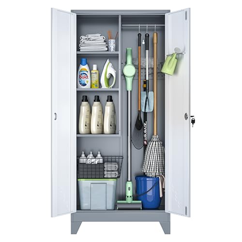 61" Broom Storage Cabinet, Cleaning Tool Storage Cabinet, Garage Utility Storage, Metal Broom Closet for Home, Garage, Utility Room, Hanging Rod (Gray White, Door-2) - color: 61" White & Gray