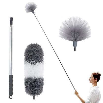 BOOMJOY Microfiber Feather and Cobweb Duster Set, Bendable Head and 100 inches Extension Pole, for High Ceiling, Fan, Blinds, Furniture