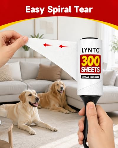 Extra Sticky Pet Hair Lint Roller — 300-Sheet Value Set with Upgraded Handle and 5 Rolls, Powerful Portable Hair Remover for Clothes, Furniture, Couches, Dogs & Cats