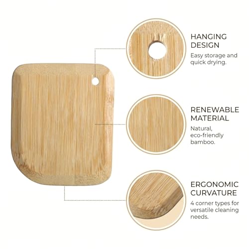 2 Pack Bamboo Dish Scrub Brush with Bamboo Pan Scraper Pot Scraper Non-Scratch Dish Scrapers Kitchen Cleaning Tools for Cast Iron Skillets, Cookware, Dishes, Pans Bowls, Plates and Pots