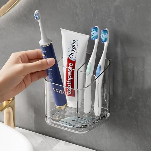 Toothbrush Holders for Bathrooms, 3 Slots Detachable Electric Toothbrush Holder Wall Mounted with Divider, Removable Tooth Brush and Toothpaste Holder Organizer for Bathroom/Kitchen/Office - color: Clear