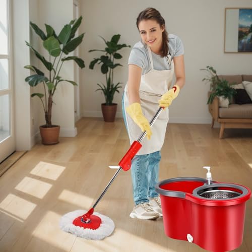 Spin Mop and Bucket with Wringer Set, 360° Spinning Mop Bucket System with 3 Microfiber Mop Replacement Heads Refills,56" Stainless Steel Extended Handle for Floor Cleaning Home(20QT) (Green) (Red) - color: Red