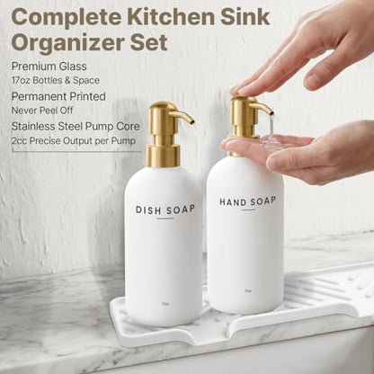 Kitchen Soap Dispenser Set - Dish Soap Dispenser for Kitchen with Self Drain Tray, 17oz Glass Bottle, Stainless Steel Pump, Sponge, and Dish Brush - Gold - color: White Bottle + Gold Pump