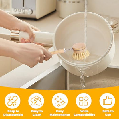 Bamboo Dish Brush Set, 5 Pcs Wooden Kitchen Scrubber – Long Handle Dish & Cup Brush, Short Handle Sisal & Coarse Brown Brush, Includes Square Tray, Ergonomic Natural Cleaning Kit for Pots Pans Bottles - color: Log Color 5pcs
