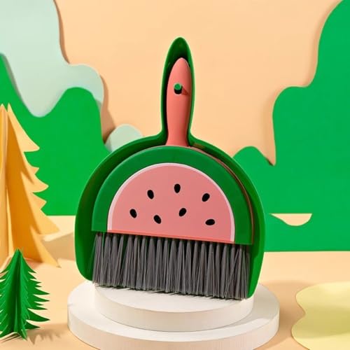 Mini Desk Broom and Dustpan Set High Density Bristle Small Handheld Desktop Cleaning Brush Compact Snap On Space Saving Tool for Desks Keyboards Office Car Interiors Small Spaces - color: Green Watermelon