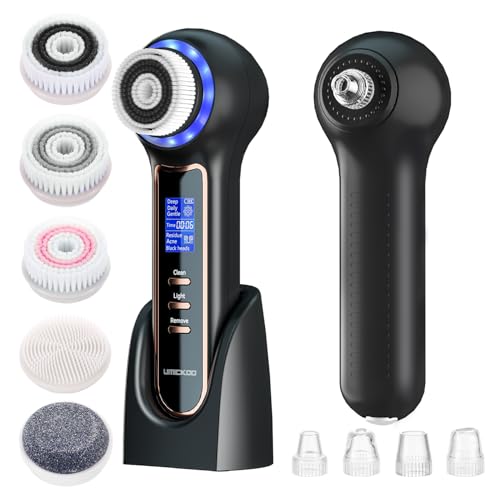 UMICKOO Electric Facial Cleansing Brush with LCD Screen, 3-in-1 Face Scrubber & Optional Blackhead Remover, Rechargeable, IPX7 Waterproof, Gentle Daily & Deep Cleaning for All Skin Types - color: Dull Black