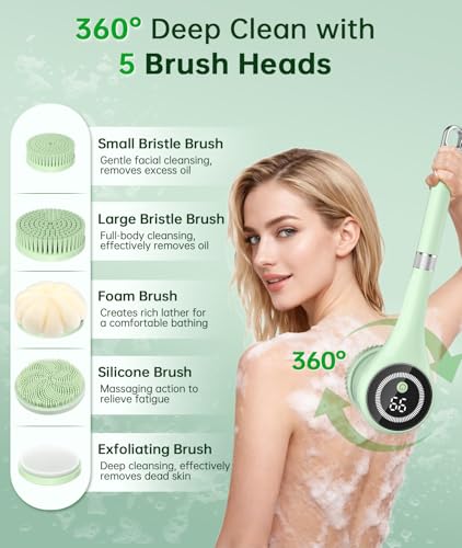 Electric Body Brush Back Scrubber for Shower, Waterproof Long Handle Power Auto Body Scrubber with 5 Heads, 3-Speed Rechargeable Bath Brush for Women, Men, Deep Cleansing, Exfoliating, Massage Skin